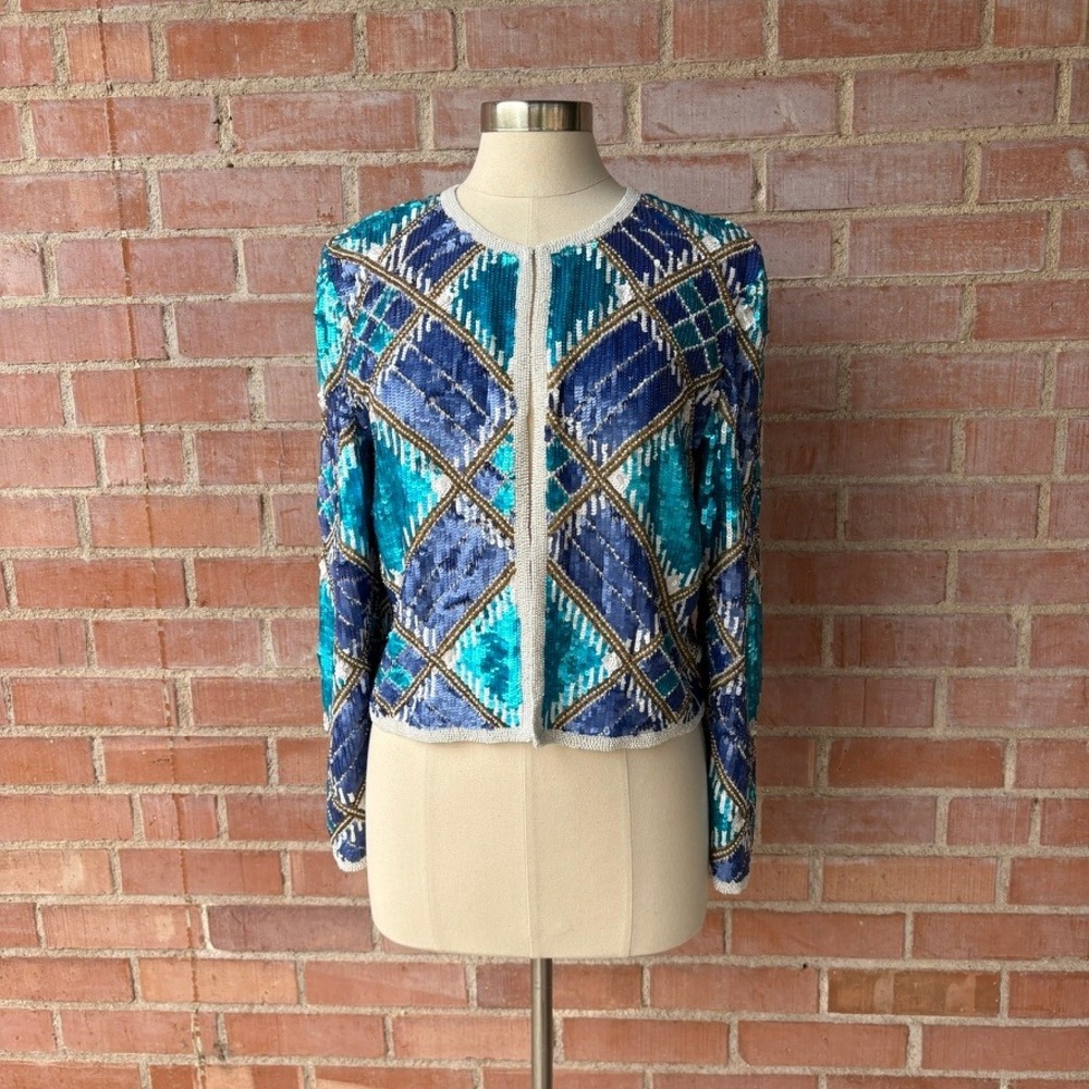 Niteline Della Roufogali Beaded Sequin Jacket Women's L Teal Geometric‎ Pattern